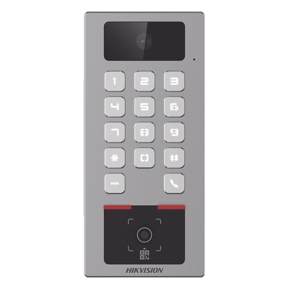 (PoE / 2 Relays) Teclado con Lector Físico de QRs para Exterior Antivandálico IP65 & IK09 con función de Videoportero Multiapartamento / Tarjeta, Código QR, PIN o App HikConnect  / Cámara 2 MP compatible con NVRs /