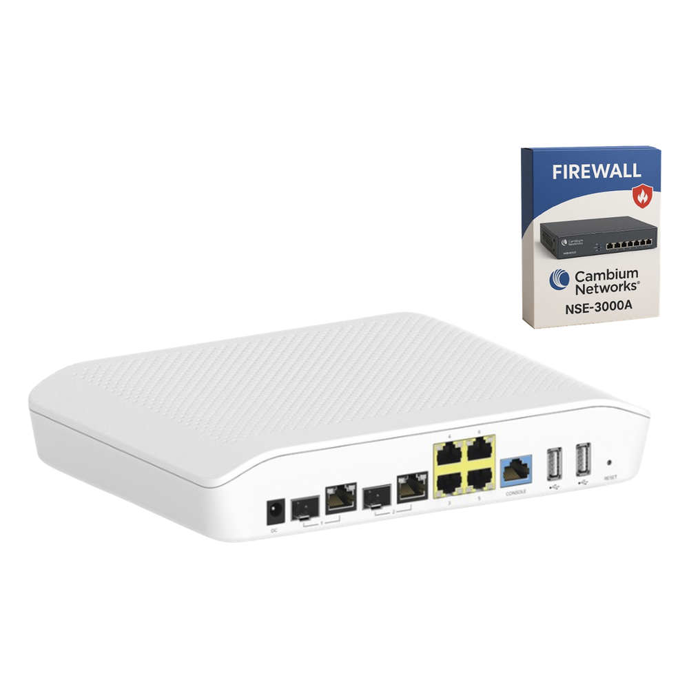 Kit Router/Firewall con licencia incluida NSE-SUB-3000-1 / función SD-WAN NSE3000 / 2 puertos WAN Gigabit + 2 SFP combo / 4 puertos LAN Gigabit / Gestión Unificada de Amenazadas / Administración desde la Nube / Hasta 1,000 dispositivo
