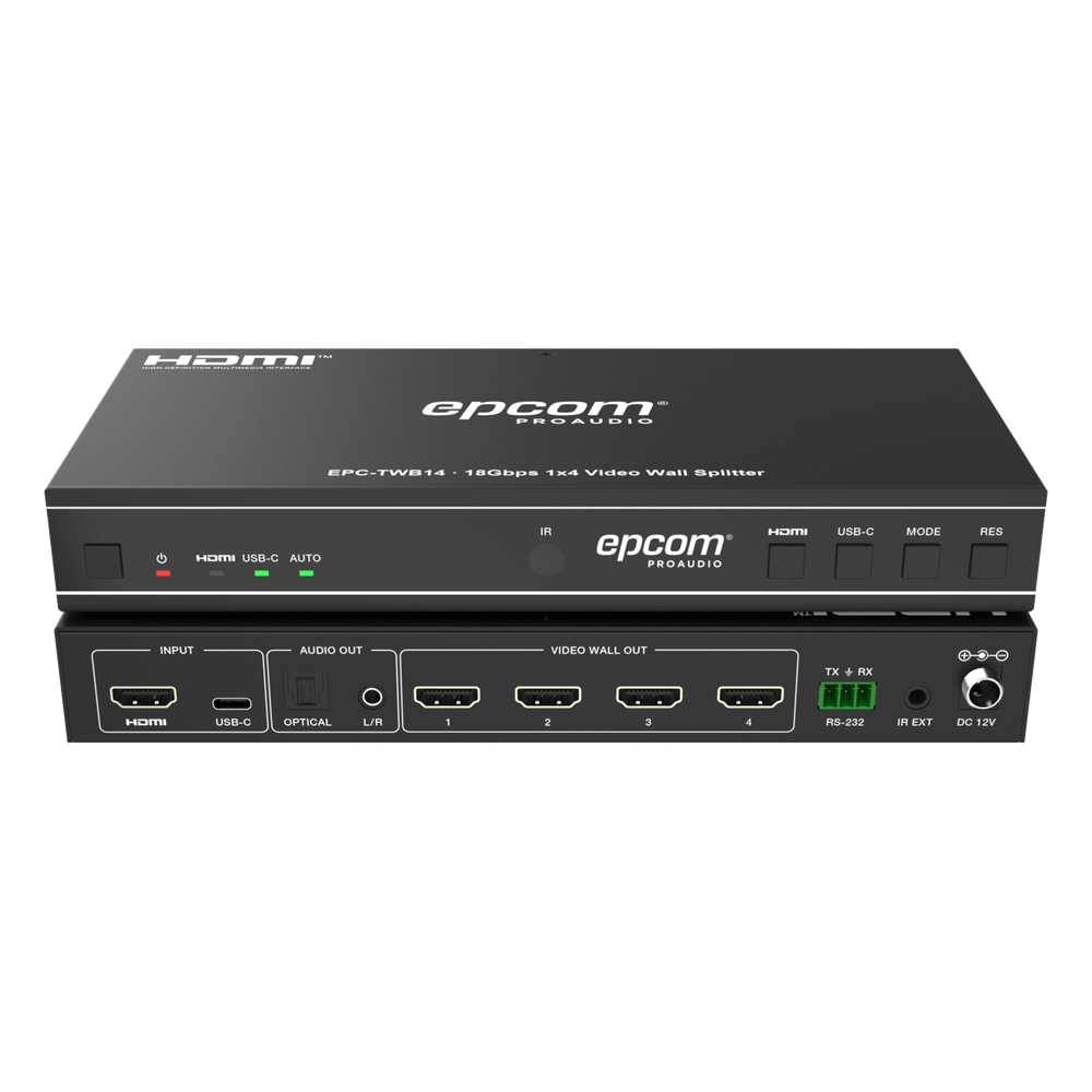 Videowall 4K 1x4 | HDMI & USB-C | 8 Modos de Visualización | Audio Óptico/Analógico | Control RS-232/IR | Plug & Play