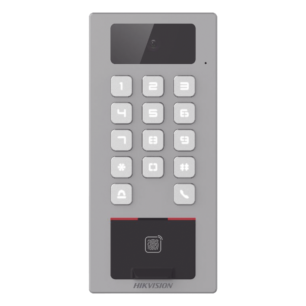 (PoE / 2 Relays) Terminal de Control de Acceso / Videoportero Multiapartamento Llamada a App / Teclado / Exterior Antivandálico IP65 & IK09 / Huella, Tarjeta, Código QR, PIN o App Hik-Connect  / Cámara 2 MP compatible con NVRs