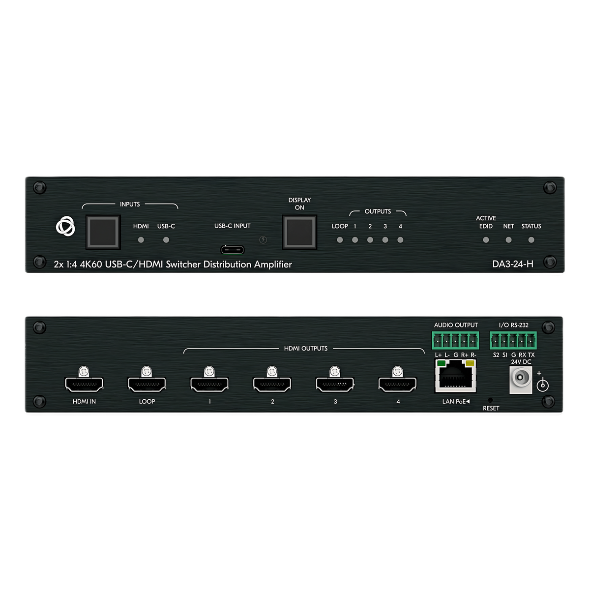 Distribuidor y Switcher 2x1:4 | 4K@60Hz 4:4:4 | HDMI 2.0b | HDCP 2.3 | 18Gbps | EDID Inteligente | Escalado Automático | Audio Analógico | RS-232 | Alimentación 20 VDC | Montaje en Rack 1U | 21.46 cm x 16.30 cm x 4.36 cm (8.45 in x 6.