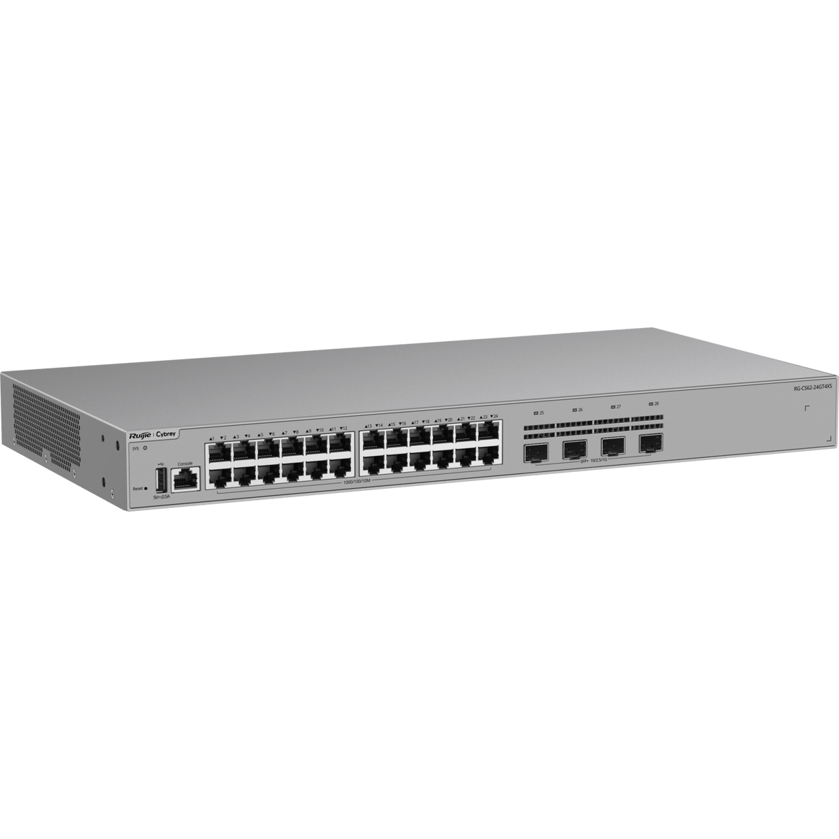 Switch Ethernet de Acceso 1000 Mbps / 24 Puertos RJ45 10/100/1000BASE-T / 4 Puertos SFP+ 1GE/2.5GE/10GE / Capacidad 128 Gbps / Enrutamiento Layer 3 / VSU / Diseño Sin Ventilador / 1 RU / Línea Cybrey