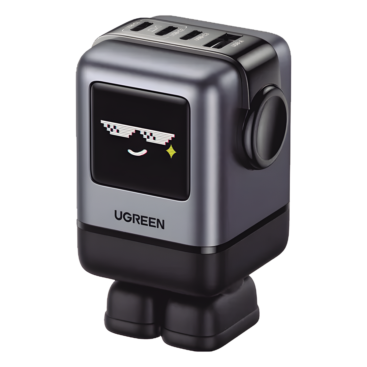 Cargador RobotGaN de 100W Serie UNO | 4 Puertos de Carga Rápida | 3 USB-C | 1 USB-A | PD 3.0 | QC 4.0 | Carga Inteligente | Tecnología GaN II | Zapato Magnético Extraíble | Carcasa Ignífuga | Pantalla LED