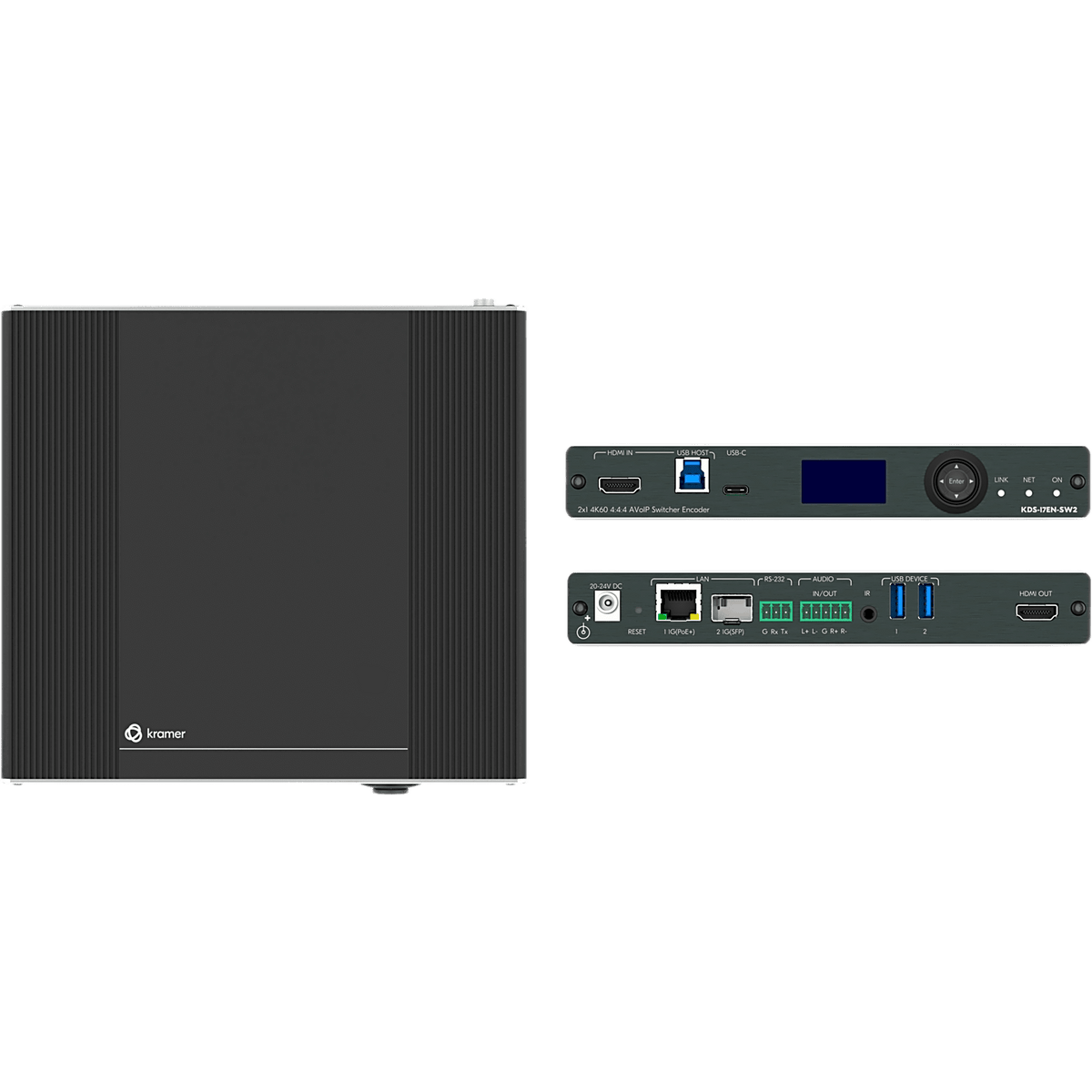 Switcher Encoder AVoIP 2x1 4K60 4:4:4 | Con Dante | Streaming por Ethernet Cobre y Óptico | Unicast y Multicast | Soporte USB, IR, RS-232 y CEC