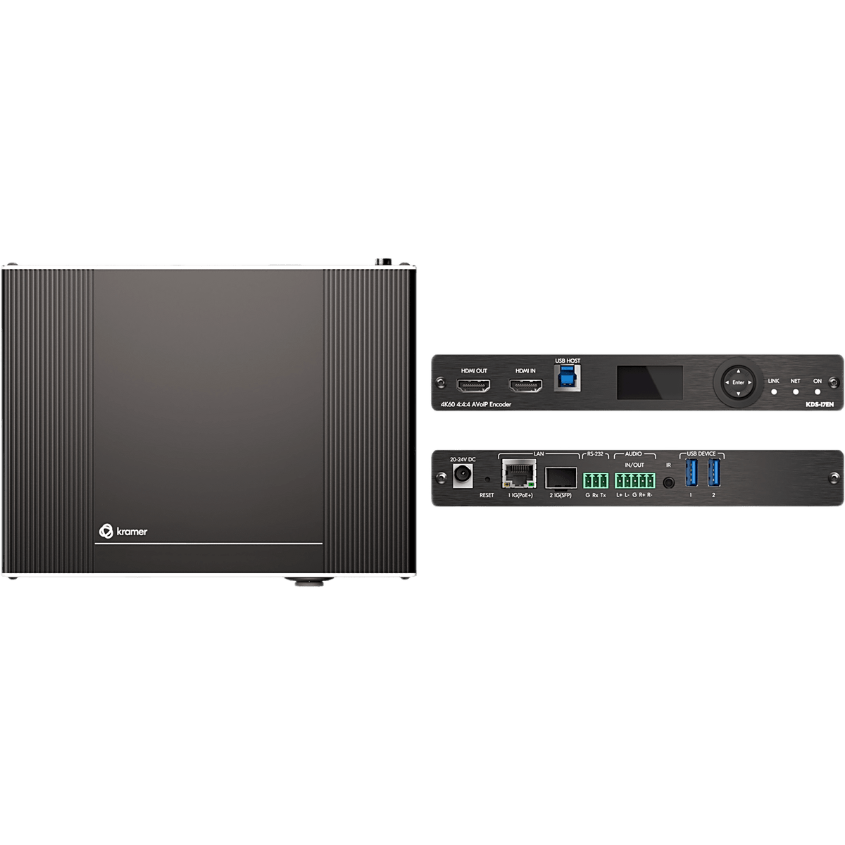Codificador AVoIP 4K60 4:4:4 | Transmisión por Ethernet o Fibra | Audio Dante, USB, IR, RS-232, CEC | Códec Visualmente Sin Pérdidas | PoE+ | Gestión por Web y API
