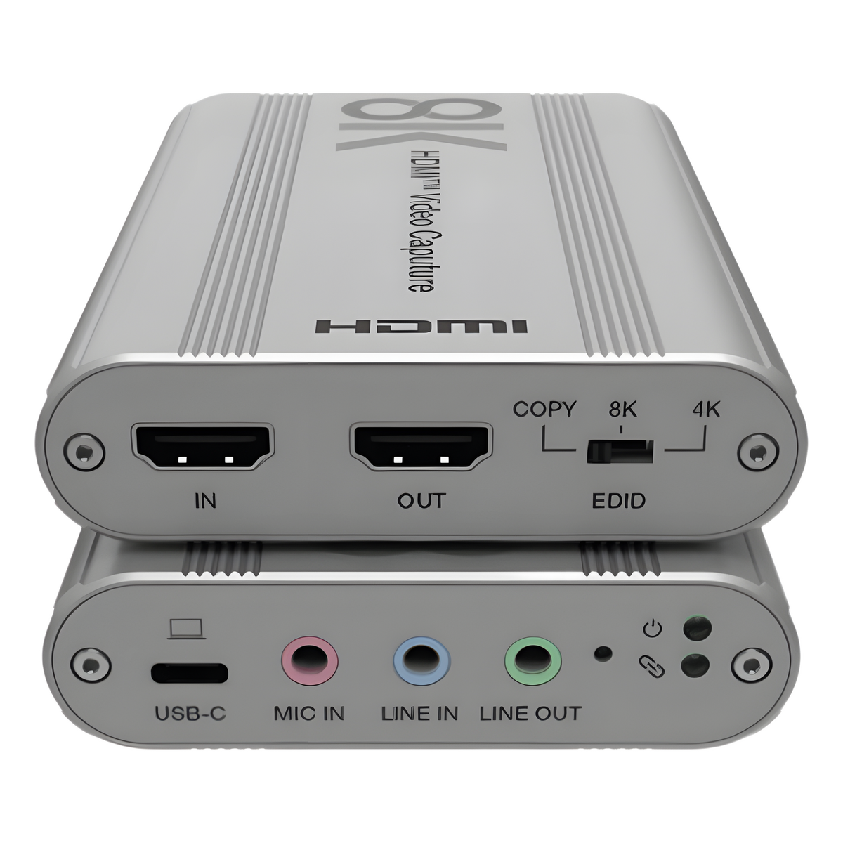 Tarjeta de Captura HDMI 8K a USB 3.2 Gen 1 | Resolución 8K@60Hz y 4K2K@144Hz | Ancho de Banda 48Gbps | Mezcla de Audio HDMI-Micrófono-Línea | Compatibilidad Multiplataforma Windows-macOS-Linux | Carcasa de Aluminio Plateado