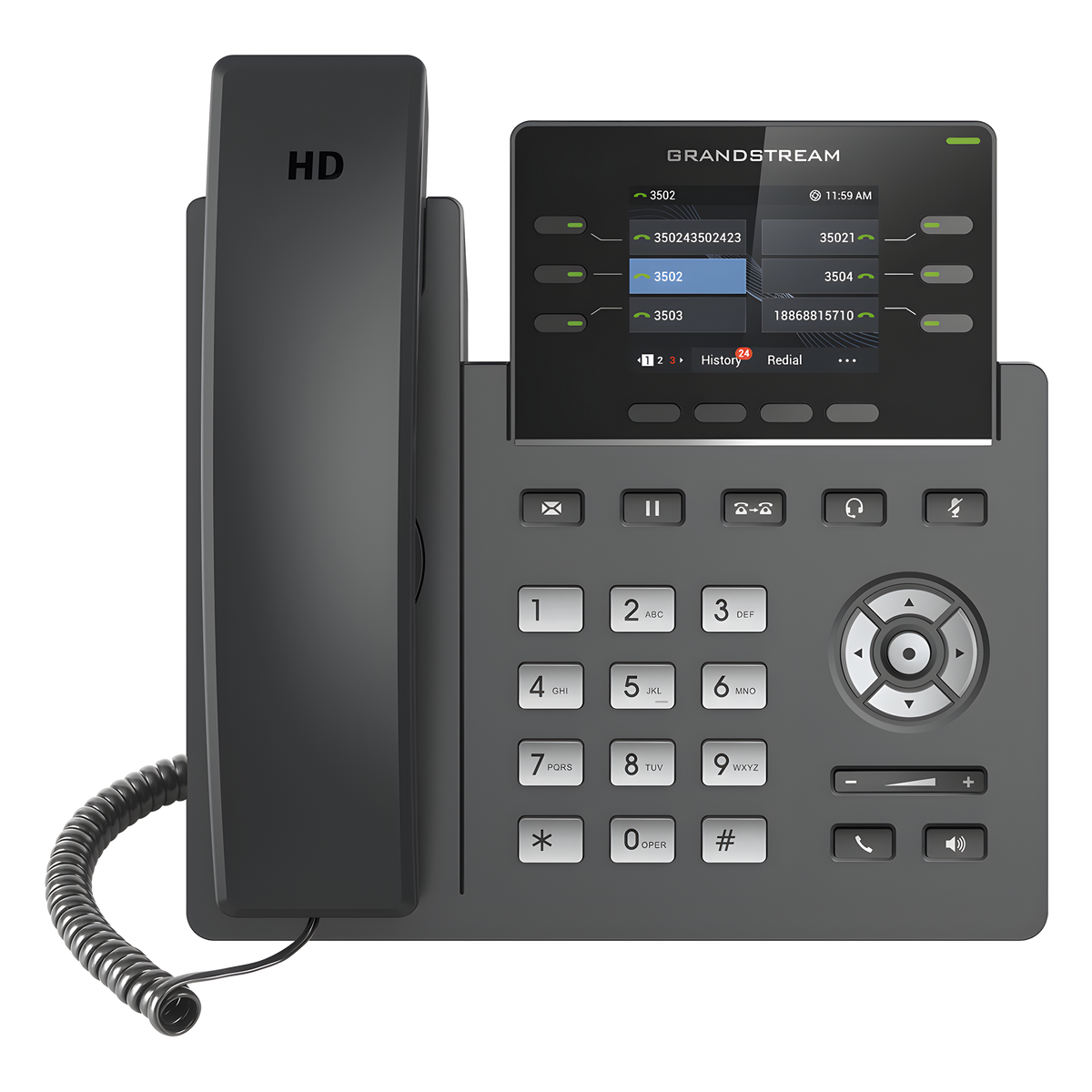 Teléfono IP Grado Operador, 3 líneas SIP con 6 cuentas, puertos Gigabit,PoE,  pantalla a color 2.4", codec Opus, IPV4/IPV6 con gestión en la nube GDMS