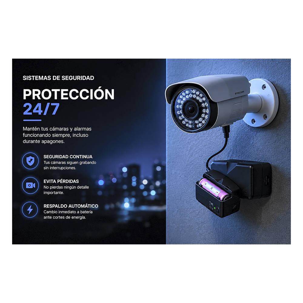 Mini UPS de CD 25 W / Entrada 120 Vca / Salida 12 Vcd / Clavija NEMA 5-15P de entrada / Batería de Litio