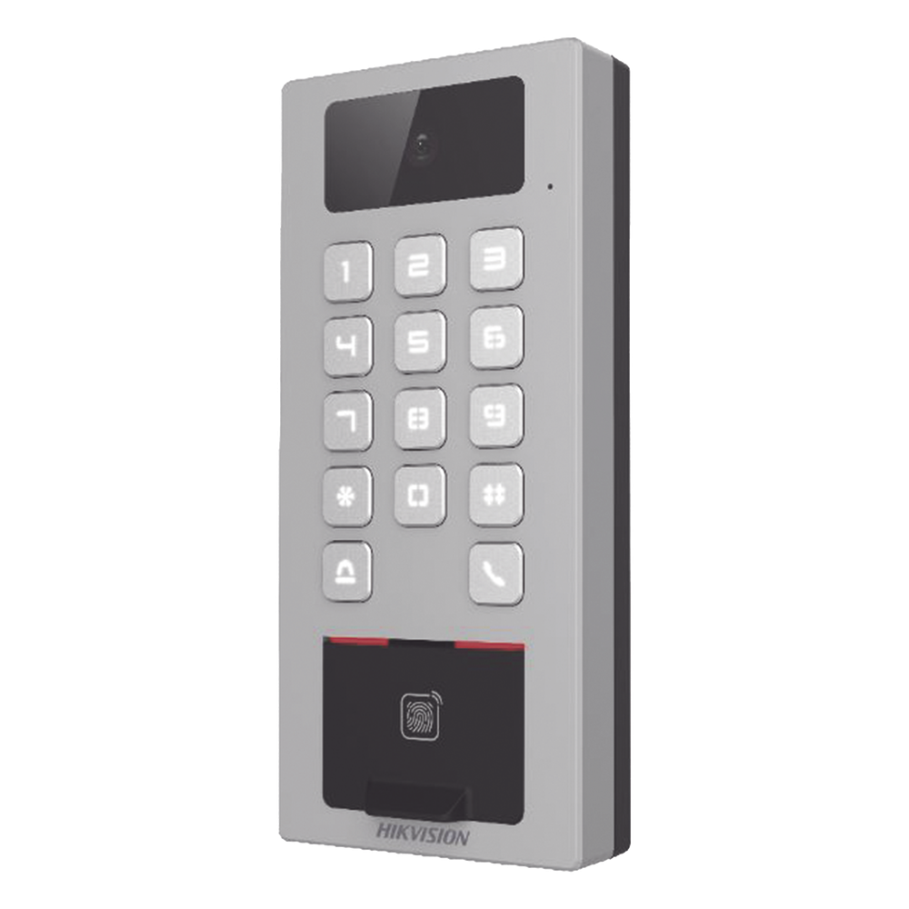 (PoE / 2 Relays) Terminal de Control de Acceso / Videoportero Multiapartamento Llamada a App / Teclado / Exterior Antivandálico IP65 & IK09 / Huella, Tarjeta, Código QR, PIN o App Hik-Connect  / Cámara 2 MP compatible con NVRs