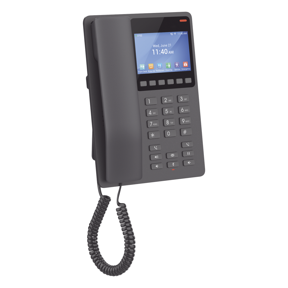 Teléfono IP Hotelero con pantalla LCD a color, 2 líneas SIP con 2 cuentas, codec Opus, IPV4/IPV6, color negro, con gestión en la nube GDMS