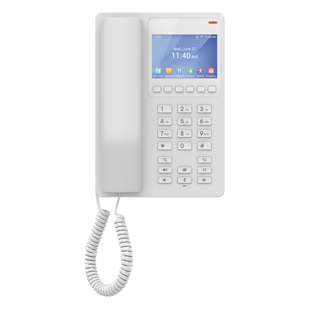 Teléfono IP Hotelero con pantalla LCD a color, 2 líneas SIP con 2 cuentas, codec Opus, IPV4/IPV6, color blanco, con gestión en la nube GDMS