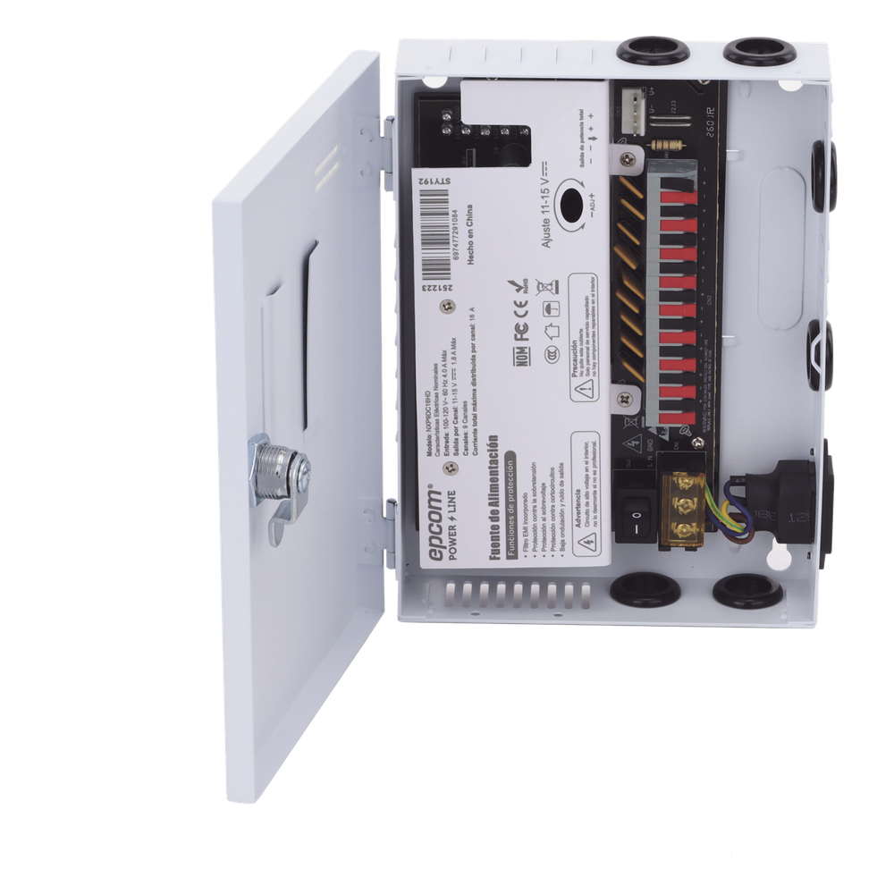 Fuente |  11-15 V |  9 canales | 16 A |  Compatible con cámaras 4K | Alta tecnología en seguridad | Doble ventilador | Hasta 1.8 Amperes por Salida | Filtro de ruido por canal | Diseño de alta gama.