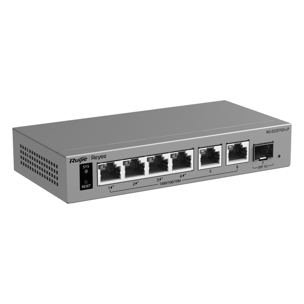 Switch Capa 2 Smart Cloud Managed / 7 Puertos Gigabit / 2 PoE++ 802.3bt + 2 PoE+ 802.3at / 1 Puerto SFP 1GE / Presupuesto PoE 120 W / Protección contra Sobretensiones 6 kV / PoE Permanente / Gestión en la Nube Ruijie Cloud / Gabinete Met&amp