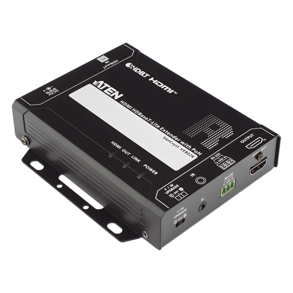 Receptor HDMI HDBaseT-Lite con PoH | 4K a 35 m (Cat 5e/6) / 40 m (Cat 6a/ATEN 2L-2910 Cat6); 1080p a 60 m (Cat 5e/6) / 70 m (Cat 6a/ATEN 2L-2910 Cat6) | HDBaseT Clase B | PoH PD |