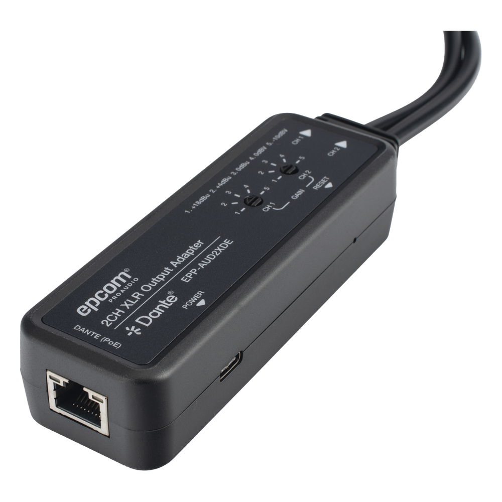 Extensor de Audio Dante® 2CH XLR Output Adapter | Entrada Digital Dante® | Salida XLR Balanceada/No Balanceada | Latencia Configurable 1-5ms | HDMI 1.4 | HDCP 1.4 | PoE IEEE802.3af | USB-C | Transmisión 100m