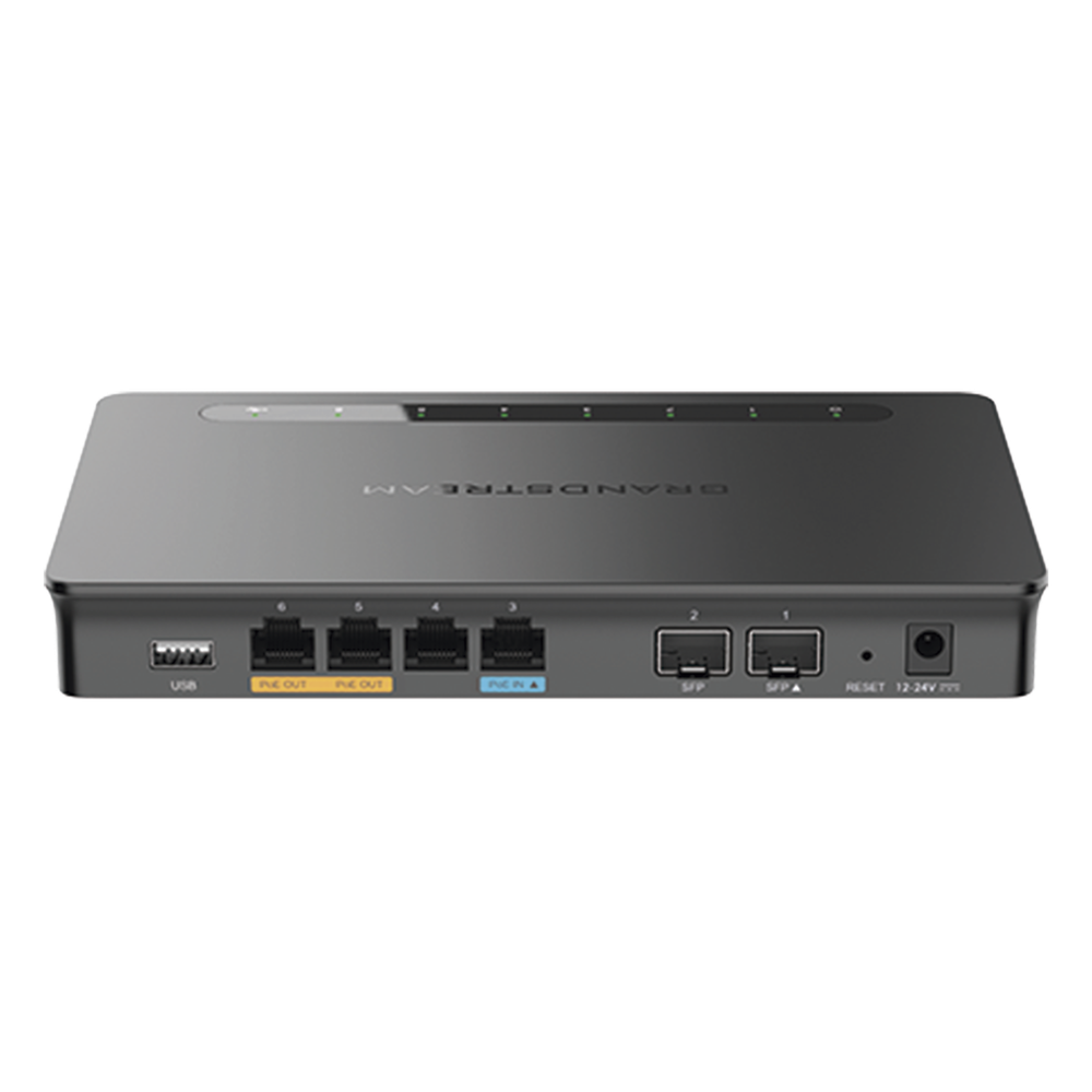 Router Gigabit VPN / Balanceador de cargas / 30,000 sesiones NAT /  4 puertos 10/100/1000 Mbps + 2 puertos SFP (WAN/LAN) / 1 puerto entrada PoE(af/at) / 2 puertos salida PoE (af/at) / Compatible con GWN Cloud.