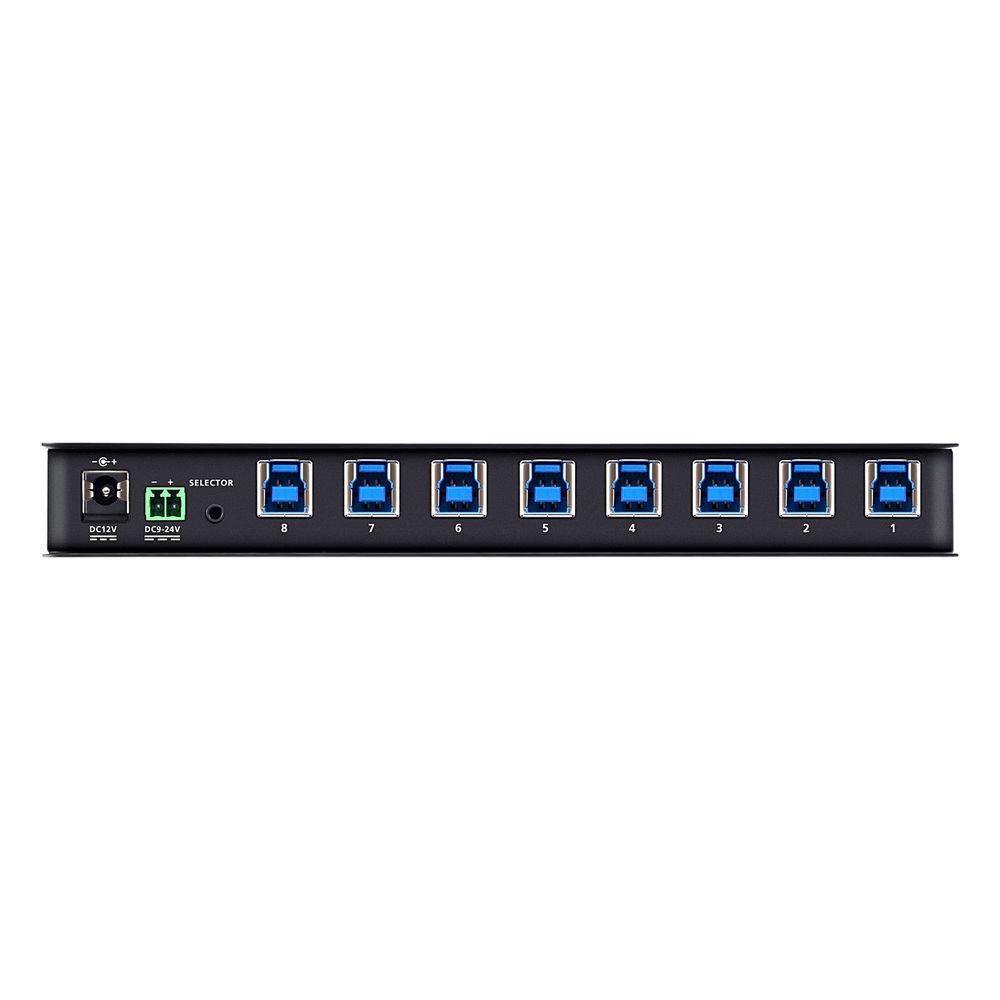 Conmutador de Uso Compartido USB 3.2 Gen 1 Industrial | 8 Puertos para Computadoras | 4 Puertos para Dispositivos | 5 Gbps | Selección por Botón, RS-232/485 o Remoto | Power on Detection | Carcasa de Metal | Montaje en Pared