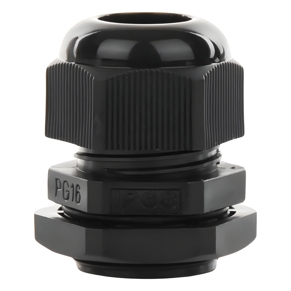 Conector Plástico Negro Tipo Glándula para Cable de 10 a 14 mm de Diámetro.