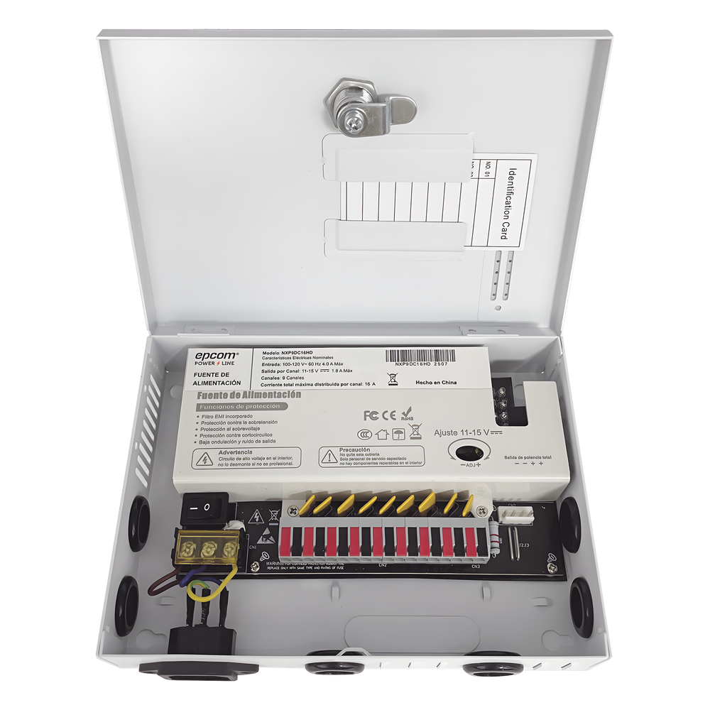 Fuente |  11-15 V |  9 canales | 16 A |  Compatible con cámaras 4K | Alta tecnología en seguridad | Doble ventilador | Hasta 1.8 Amperes por Salida | Filtro de ruido por canal | Diseño de alta gama.